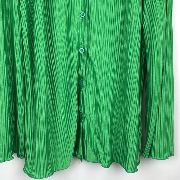2 Piece Set Pleated Long Sleeve Loose Fit Button Down Shirt Wide Leg Pants Green - Picture 5 of 12